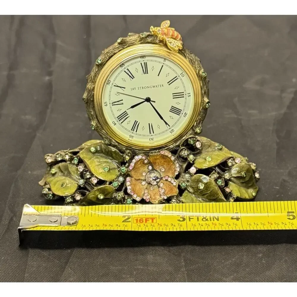 Jay Strongwater Mayfair Table Clock Flowers Bee Enamel & Swarovski Crystals